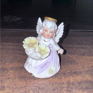 Vintage Lefton April Birthday Angel Figurine: Bisque Porcelain, Japan